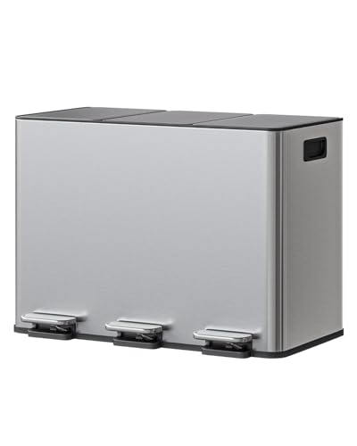3-in-1 Stainless Steel Recycling Trash Can, 3 x 4 Gallon (12 Gal Total) Triple Compartment Kitchen Garbage Bin with Soft-Close Step Lid, Hands-Free Waste Sorting for Home, Silver (Silver / 3 x 4 gallon)