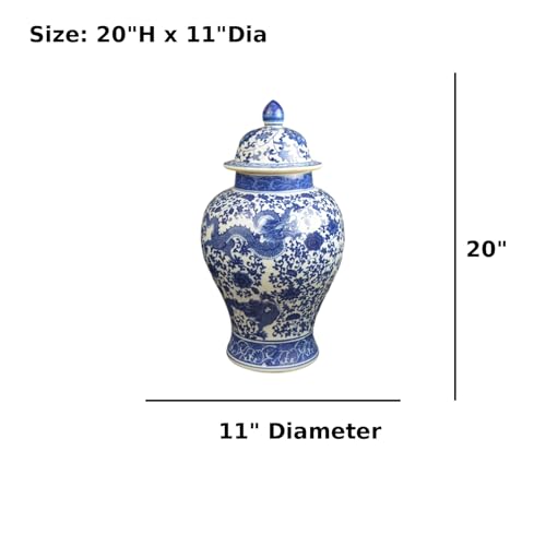 20" Blue and White Dragon Porcelain Ginger Jar with Lid