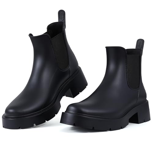 Women's Ankle Rain Boots Waterproof Chelsea Boots (8.5 / Platform Black)
