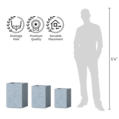 Set of 3 Blue Gray Concrete Tall Square Planters for Modern Home (Slate Gray / 18.5" H, 15.7" H, 12.6" H)