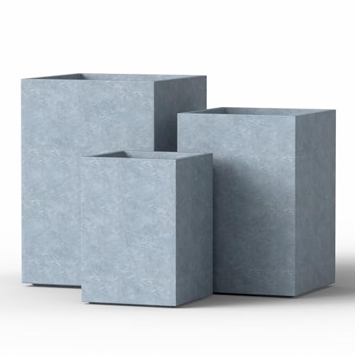 Set of 3 Blue Gray Concrete Tall Square Planters for Modern Home (Slate Gray / 18.5" H, 15.7" H, 12.6" H)