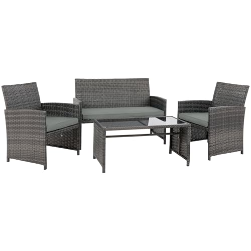 4 Piece Patio Ratten Set Outdoor Furniture Set Wicker Conversation Set with Cushions and Tempered Glass Tabletop (Grey)
