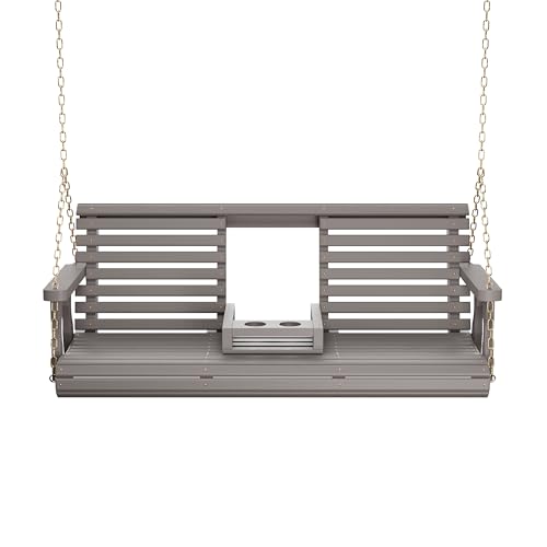 Amish Heavy Duty Console Porch Swing with Fold Down Cup Holders in Semi Solid Grey Stain