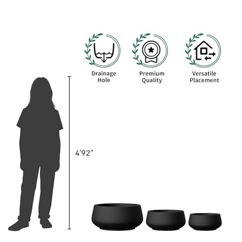 Set of 3 Black Concrete Shallow Planters 21.6" 16.9" 12.5" Dia (Black / 21.6",16.9",and 12.5" Dia)