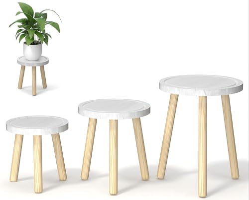 3 Pack Wood Plant Stands Indoor (White Tray with Wood Color Legs / 3 Pack)