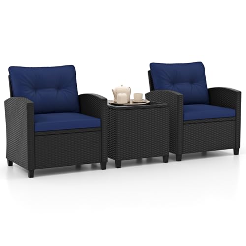 3 Pieces Wicker Patio Conversation Set (Black & Navy)