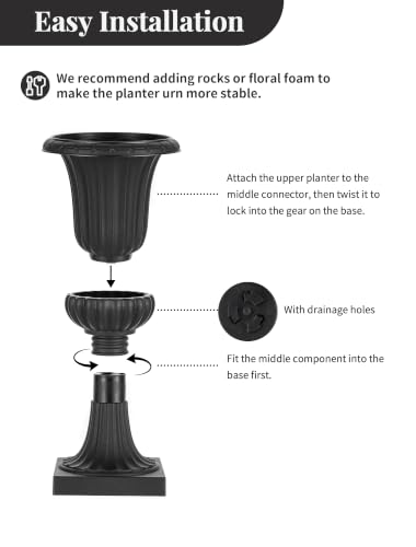 Urn Planters for Front Porch (Black / 2 Pieces-19.7 Inch)