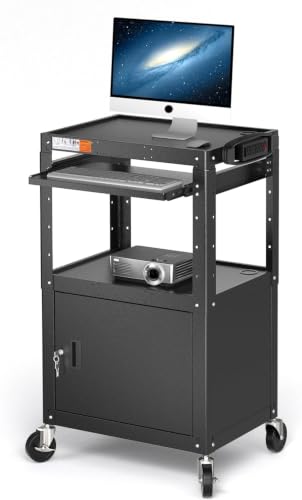 AV Cart Adjustable Height Rolling Computer Cart with Locking Cabinet (Large with Cabinet)