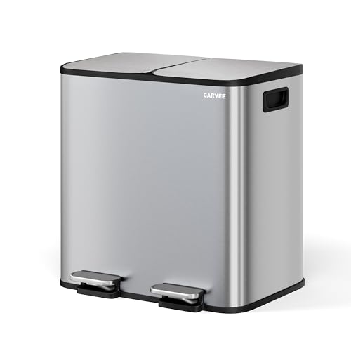 2 x 4 gal Stainless Steel Double Trash Can with Lid for Kitchen (Silver / 2 x 4 gallon)