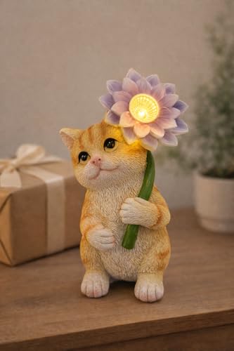 Solar Cat Garden Statue with LED Flower for Mom Woman (Kitten)