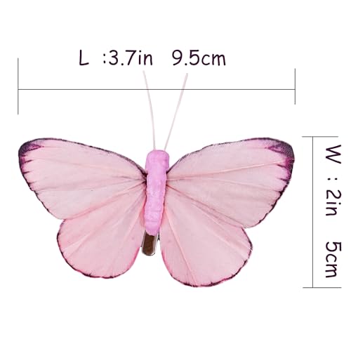 Artificial Feather 3D Butterfly Party Decorations Set of 12 with Clip 6 Color Pink Ornaments for Christmas Tree (6 Color)