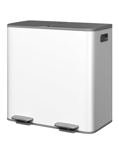 2 x 10.6 gal Stainless Steel Double Trash Can with Lid for Kitchen (Grayish-White / 2 x 10.6 Gallon)