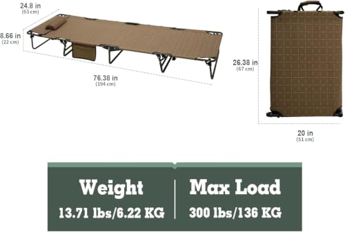 Portable Folding Camping Cot Lightweight (Khaki 76L x24.8W x 8.6H")
