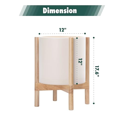 Plastic Pot with Natural Wood Stand (Oatmeal Pot + Natural Stand / 12 Inch)