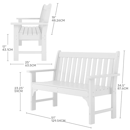Garden Bench Farmhouse Park Front Porch for Entryway Bench Outdoor Seating Low Bench Patio Bench Outside (White / 51IN)