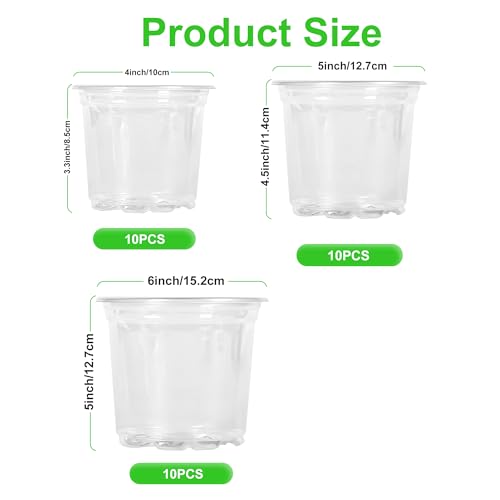 30 Pack 6/5/4Inch Clear Nursery Pots with Drainage Holes, Clear Plant Pot for Planting, Transparent Plastic Plant Pots,Durable Seed Starting Pot for Succulents (30 Count)