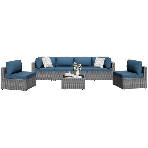 7 Pieces Outdoor Patio Furniture Sets (Aegean Blue/7 Pieces)