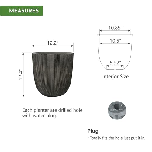 12.4"H Tall Tapered Ribbed Plastic Plant Pot with Drainage Hole & Plug (Vintage Black / 12.4in)