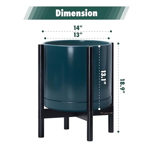 Ceramic Pot with Ebony Wood Stand (14 Inch / Teal Pot + Ebony Stand)