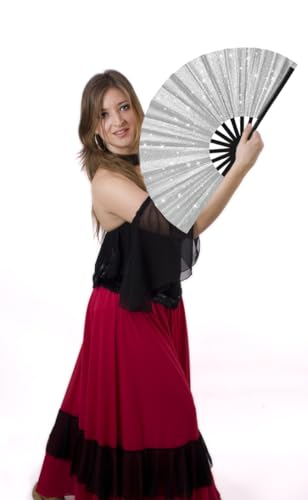 2 Pack Glitter Large Folding Hand Fans for Line Dancing (2 Silver)