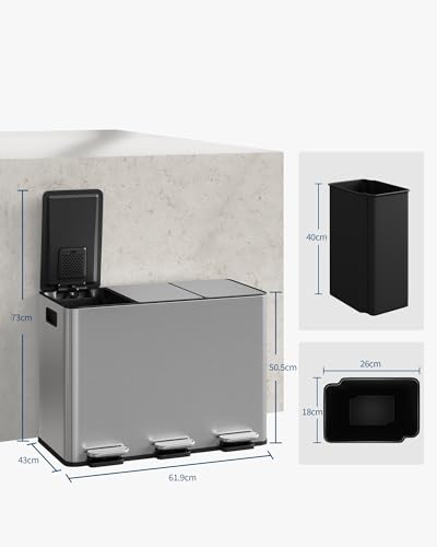 3-in-1 Stainless Steel Recycling Trash Can, 3 x 4 Gallon (12 Gal Total) Triple Compartment Kitchen Garbage Bin with Soft-Close Step Lid, Hands-Free Waste Sorting for Home, Silver (Silver / 3 x 4 gallon)