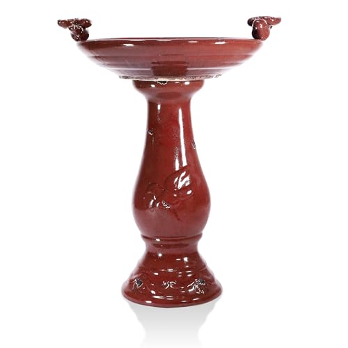 25" Tall Outdoor Antique Ceramic Birdbath with 2 Bird Figurines (Red)