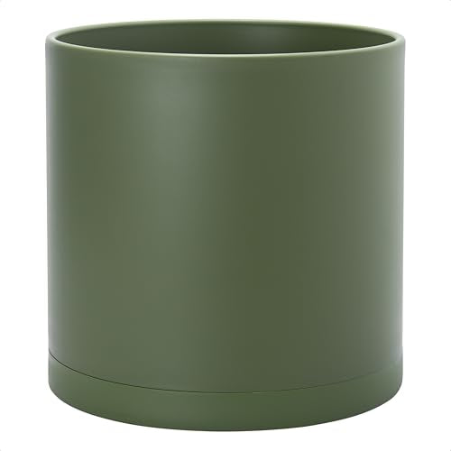 Plastic Planter Pot with Saucer (14 Inch / Olive)