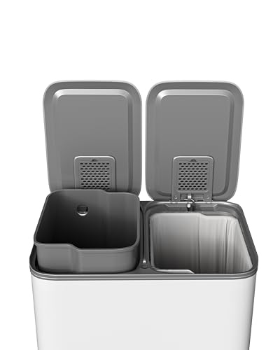 2 x 8 gal Stainless Steel Double Trash Can with Lid for Kitchen (Grayish-White / 2 x 8 Gallon)