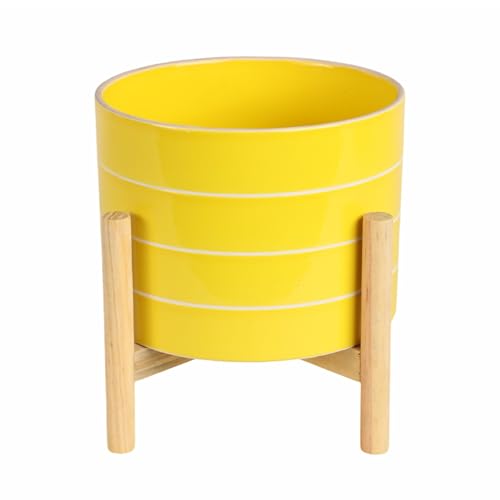 Striped Ceramic Planters with Wooden Stand as Home Decor Flower Pots for Entryway