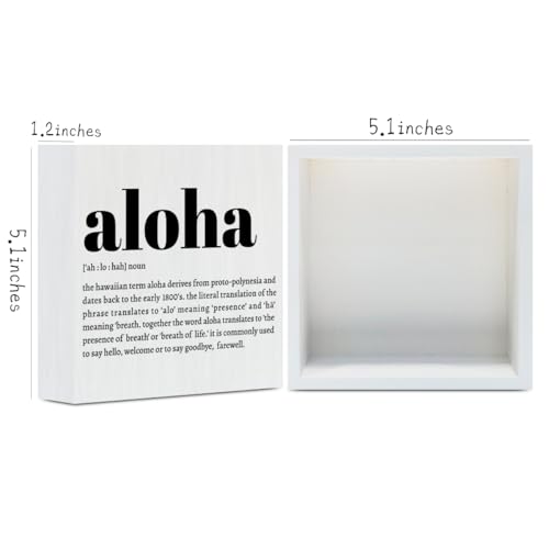Aloha Definition Hawaii Rustic Home Office Decor Wooden Box Sign (White 1235 / Wooden box（5.1 x 5.1 inches）)