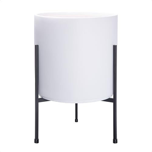 Cylinder Planter Pot with Metal Stand (Large 12 Inch / White)