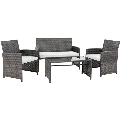 4 Piece Patio Ratten Set Outdoor Furniture Set Wicker Conversation Set with Cushions and Tempered Glass Tabletop (Beige)