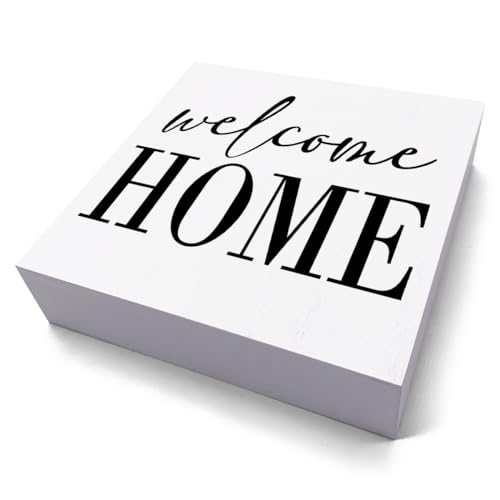 Welcome Home Sign Home Decor Desk Decor Wooden Box Sign Rustic Black Wood White Plaque Box Sign for Women Family Friends Farmhouse Living Room Kitchen Bedroom Shelf Table Decoration (white1136)