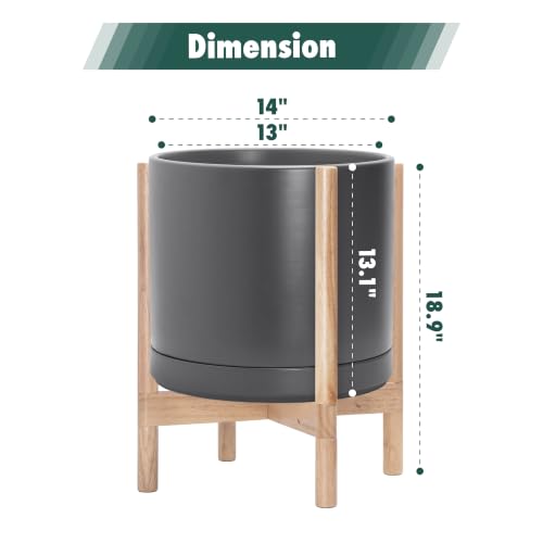 Ceramic Pot with Natural Wood Stand (14 Inch / Grey Pot + Natural Stand)