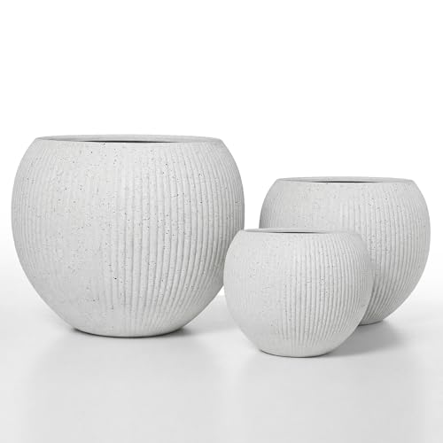 Premium Mt Sherman Fiberstone Sphere Planter for Indoor Outdoor Use (Ribbed White / Small 12.6''D x 10''H)