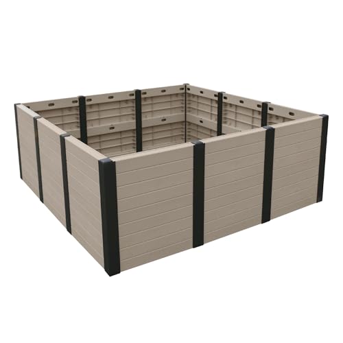 48-Inch x 48-Inch Raised Garden Bed with Tool-Free Connect System and Crafted from Recycled Materials, for Patios or Decks, Khaki (Khaki / Garden Bed)
