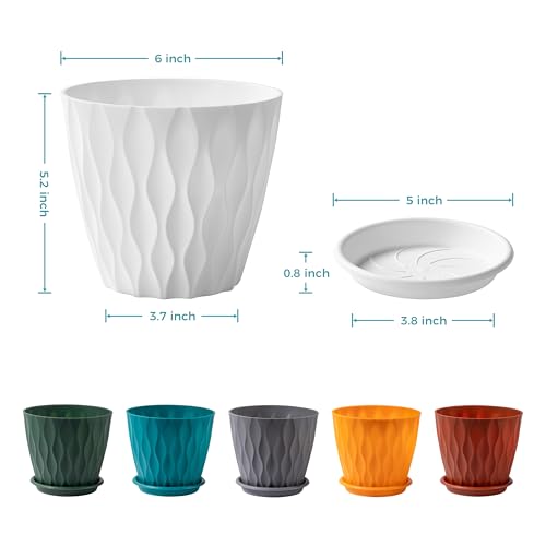 6-Pack 6-Inch Plastic Plant Pots with Saucers | Thickened PP Material, Modern Wave Texture, Enhanced Drainage for Indoor/Outdoor Garden Plants | White Value Set (White)