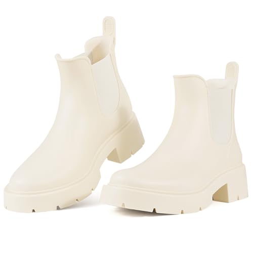 Women's Ankle Rain Boots Waterproof Chelsea Boots (9-9.5 / Platform Beige)