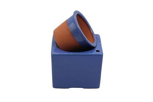 2 Pack Ceramic African Violet Self Watering Pot 6 Inch Square Pot 3.5 Inch Innter Pot Easy Fill Water Reservoir White Blue (White Blue)