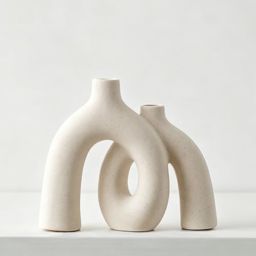 Hug Donut Ceramic Vase Set for Flower or Home Decor (Small Cream White)