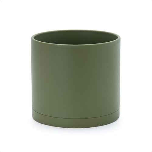 Plastic Planter Pot with Saucer (8 Inch / Olive)