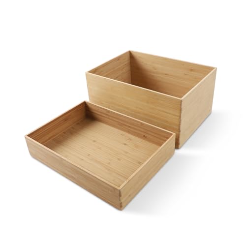 2 Piece Bamboo Storage Box Set Stackable Organizer (2-Piece Bamboo Box Set - Large / 14.6"L x 10.2"W x 7.1"H & 14.6"L x 10.2"W x 3.1"H)