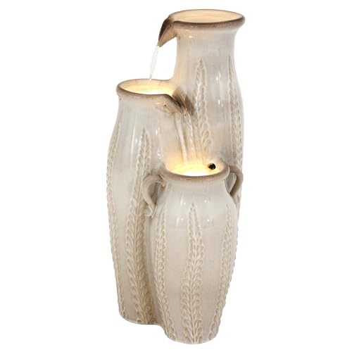 30" Ceramic Vase Water Fountain Outdoor with LED Lights (Beige Glaze Cascading Vase 29.5"h)