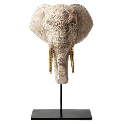Carved Wood Elephant Statue Home Decor Living Room Luxury Gift (Cream White)