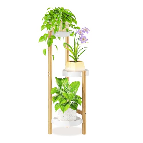 Plant Stand Table Tall for Indoor Corner (Standard White-Bamboo / 3 Tier)