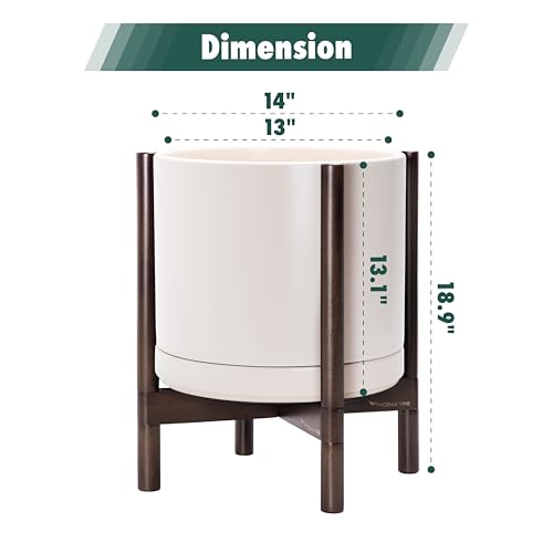 Ceramic Pot with Walnut Wood Stand (14 Inch / Oatmeal Pot + Walnut Color Stand)