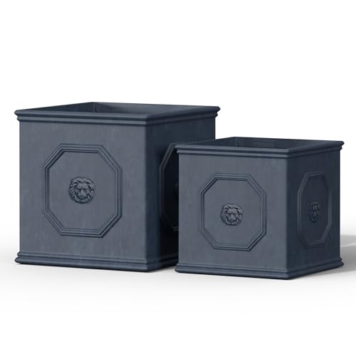 2 Pack 12.6" 10.2" Square Dusty Blue Concrete Planters Home & Outdoor (Antique Gray / 10.2" and 12.6")