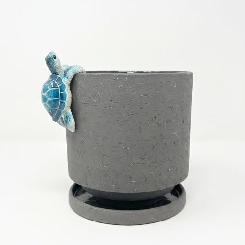 Ceramic Plant Pot with Cute Resin Figure for Idoor Plants (Charcoal Gray+bt / 5.7 Inch)