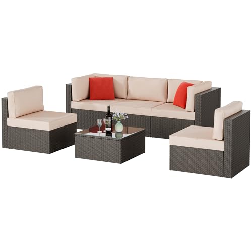 6 Pieces Patio Furniture Set Outdoor Couch Wicker Sectional Sofa (Beige / 6 pcs)
