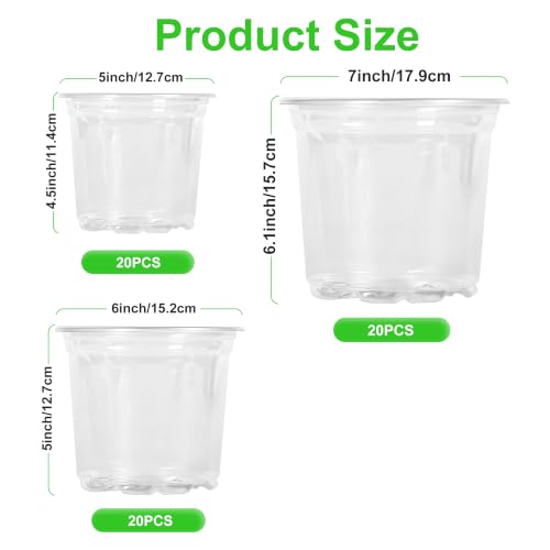 60 Pack 5/6/7 Inch Clear Nursery Pots with Drainage Holes, Clear Plant Pot for Planting, Transparent Plastic Plant Pots,Durable Seed Starting Pot for Succulents (5/6/7Inch-60Pack)